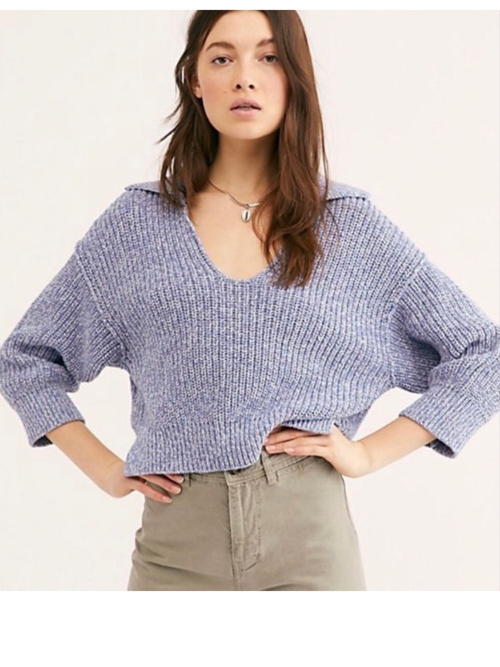 Free People Lavender Blue V-Neck Chunky Knit Sweater
